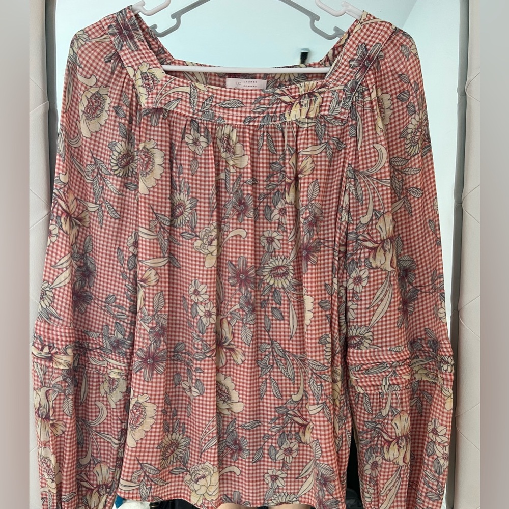 LC Lauren Conrad Square Neck Ling Sleeve Elastic Cuff Pink Gingham Floral Top S